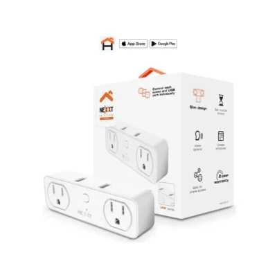 1 Empaque original del enchufe inteligente Nexxt Solutions Home destacando su compatibilidad con Alexa y Google Assistant.