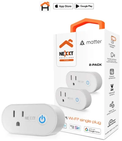 Vista frontal de los dos enchufes inteligentes Wi-Fi Nexxt Solutions NHPS611M con diseño ovalado sobre fondo blanco.