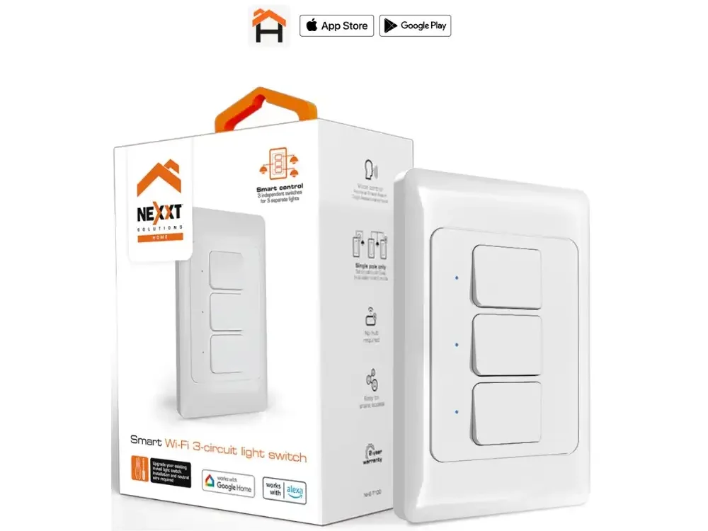 Vista frontal del interruptor de luz inteligente Wi-Fi de 3 circuitos Nexxt NHE-T100 en color blanco sobre fondo blanco.