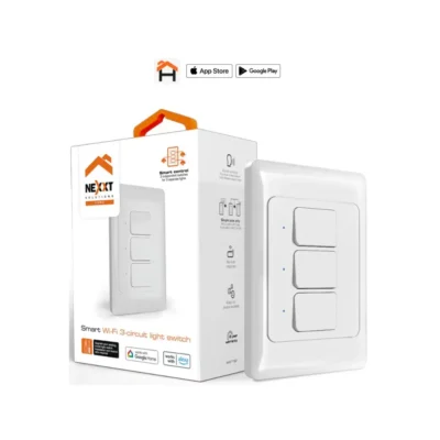 Vista frontal del interruptor de luz inteligente Wi-Fi de 3 circuitos Nexxt NHE-T100 en color blanco sobre fondo blanco.