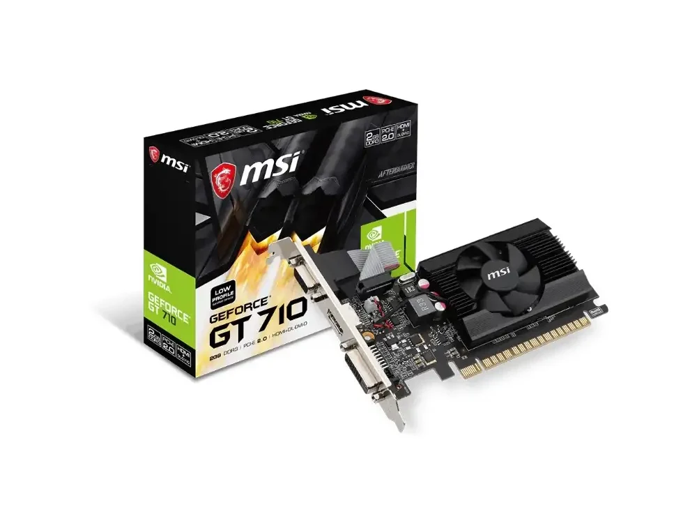 Vista frontal de la caja de la tarjeta de video MSI NVIDIA GeForce GT 710 2GB DDR3 con diseño Low Profile sobre fondo blanco.