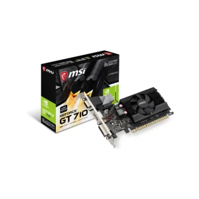 1 Vista frontal de la caja de la tarjeta de video MSI NVIDIA GeForce GT 710 2GB DDR3 con diseño Low Profile sobre fondo blanco.