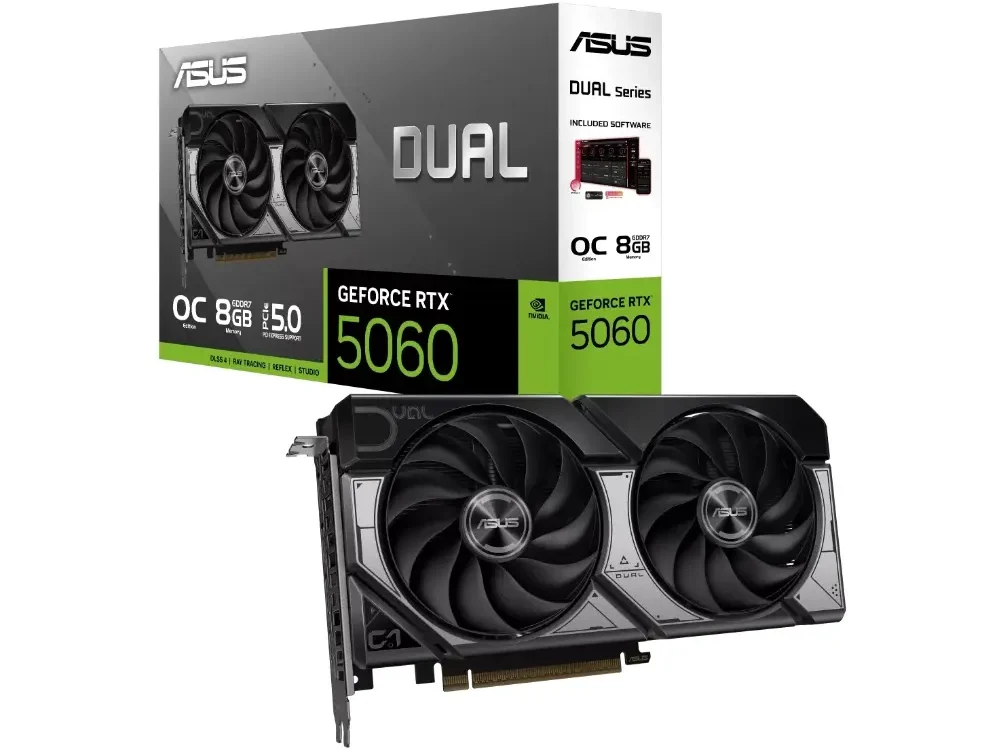 1 Vista frontal de la Tarjeta Gráfica ASUS Dual GeForce RTX 5060 OC de 8GB GDDR7 sobre fondo blanco.