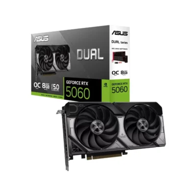 Vista frontal de la Tarjeta Gráfica ASUS Dual GeForce RTX 5060 OC de 8GB GDDR7 sobre fondo blanco.