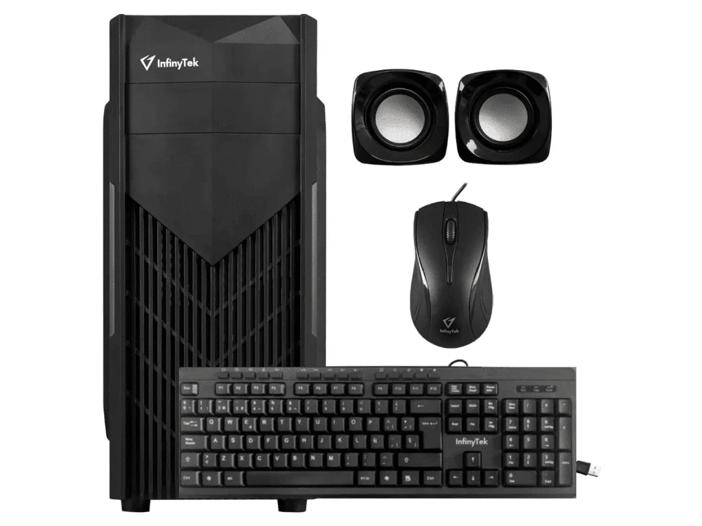 1 Vista frontal del Combo Case Infinitk 5200 ATX color negro con teclado, mouse y parlantes incluidos.