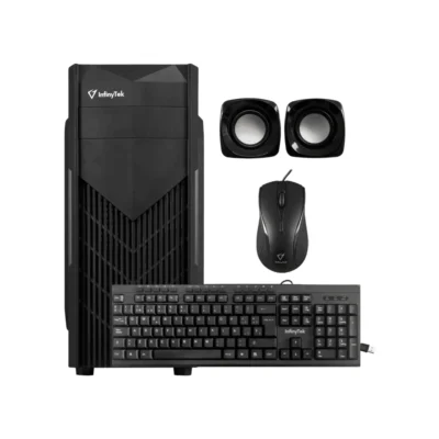 1 Vista frontal del Combo Case Infinitk 5200 ATX color negro con teclado, mouse y parlantes incluidos.