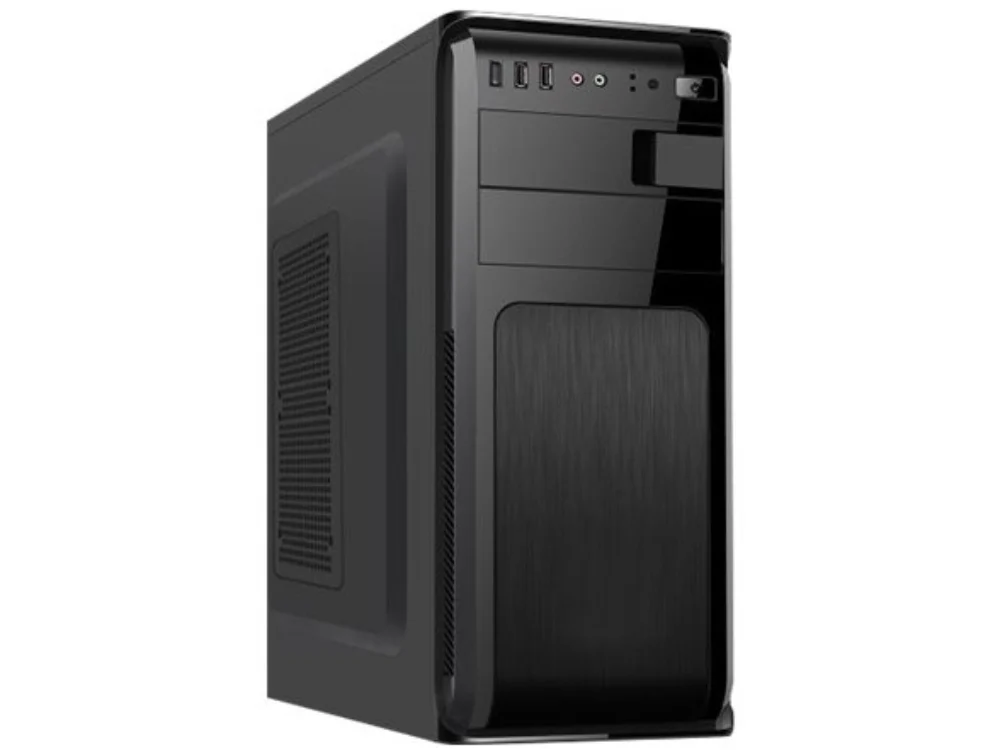 Vista diagonal del Case para computadora Hurricane formato ATX color negro con tapa metálica.