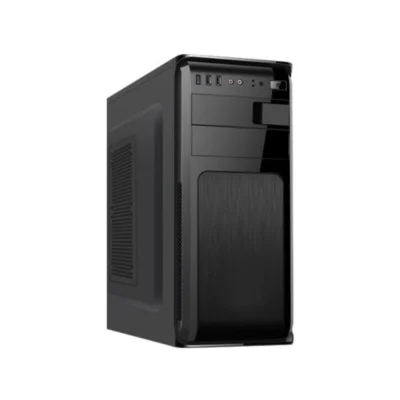 Vista diagonal del Case para computadora Hurricane formato ATX color negro con tapa metálica.