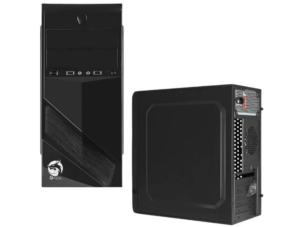 1 Vista diagonal del Case para computadora Gazal 704 ATX color negro con tapa metálica lateral.