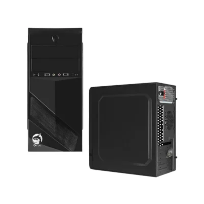 1 Vista diagonal del Case para computadora Gazal 704 ATX color negro con tapa metálica lateral.
