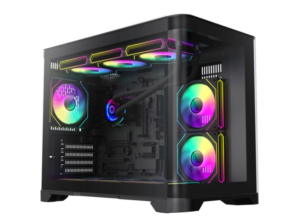 Vista diagonal del Case Gaming Gamemax Hype - M negro con vidrio templado curvado panorámico.
