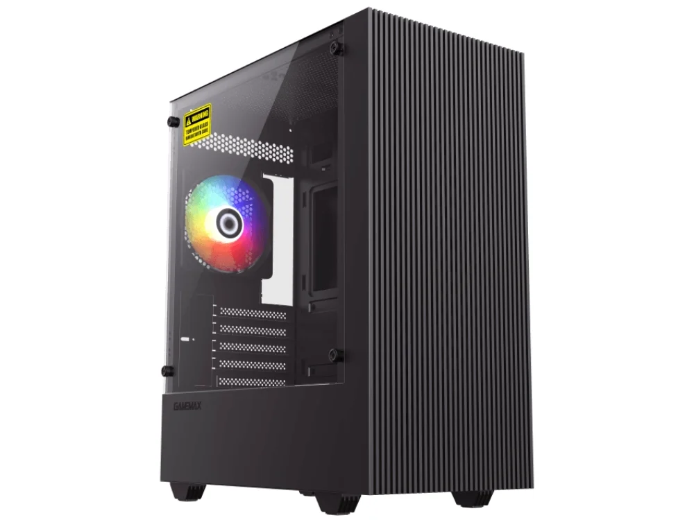 1 Vista diagonal del Case GameMax EDGE Mini Tower color negro con panel frontal de líneas de ventilación y vidrio templado.