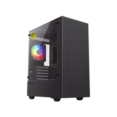 1 Vista diagonal del Case GameMax EDGE Mini Tower color negro con panel frontal de líneas de ventilación y vidrio templado.
