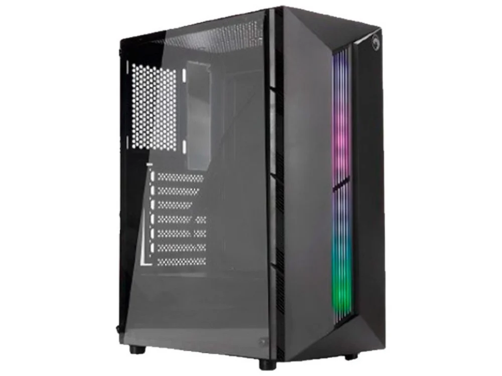 1 Vista diagonal del Case Gaming Marvo CA-130 RGB color negro con panel lateral de vidrio templado transparente.