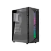 1 Vista diagonal del Case Gaming Marvo CA-130 RGB color negro con panel lateral de vidrio templado transparente.