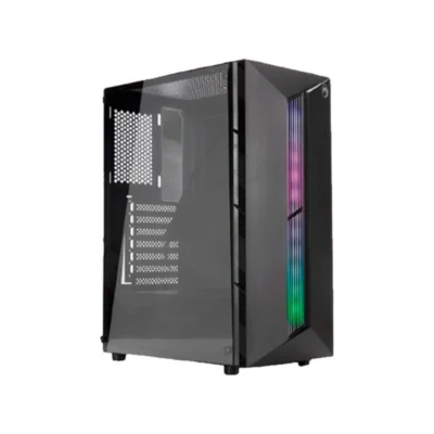 1 Vista diagonal del Case Gaming Marvo CA-130 RGB color negro con panel lateral de vidrio templado transparente.