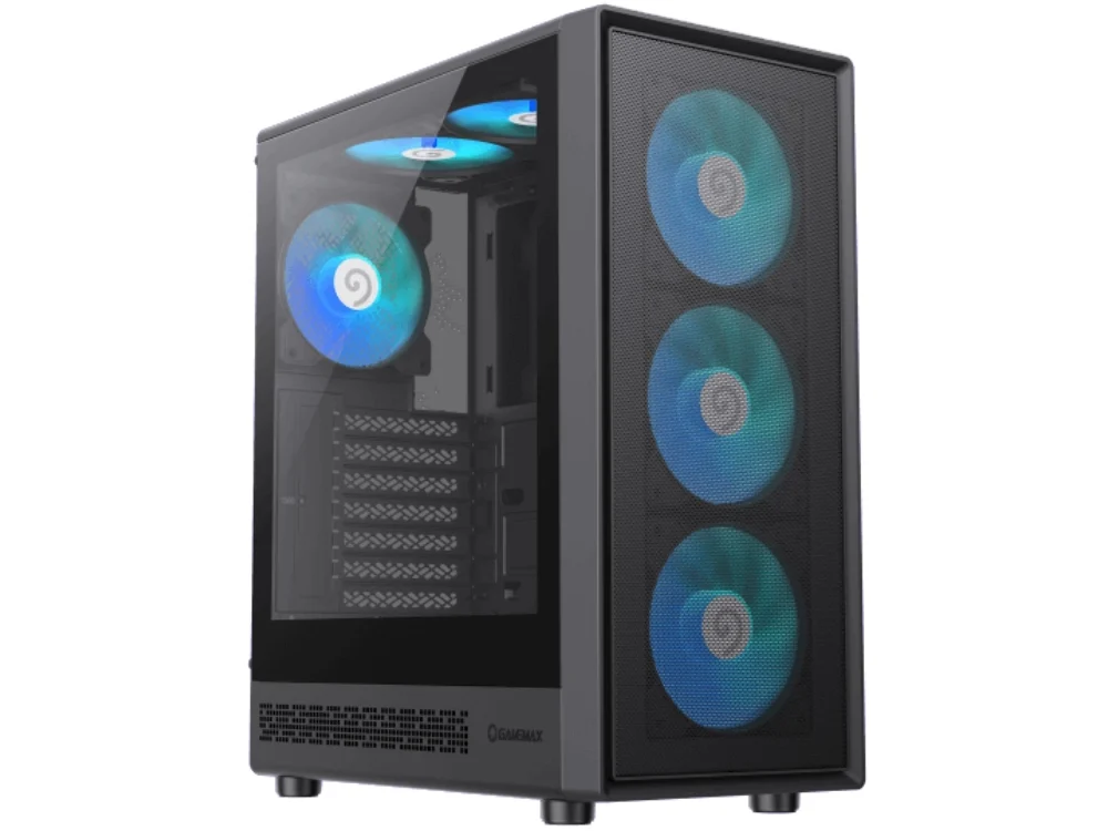 1 Vista diagonal del Case Gaming Gamemax Storm 2 AB color negro con iluminación en sus 4 ventiladores incluidos.