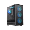 1 Vista diagonal del Case Gaming Gamemax Storm 2 AB color negro con iluminación en sus 4 ventiladores incluidos.