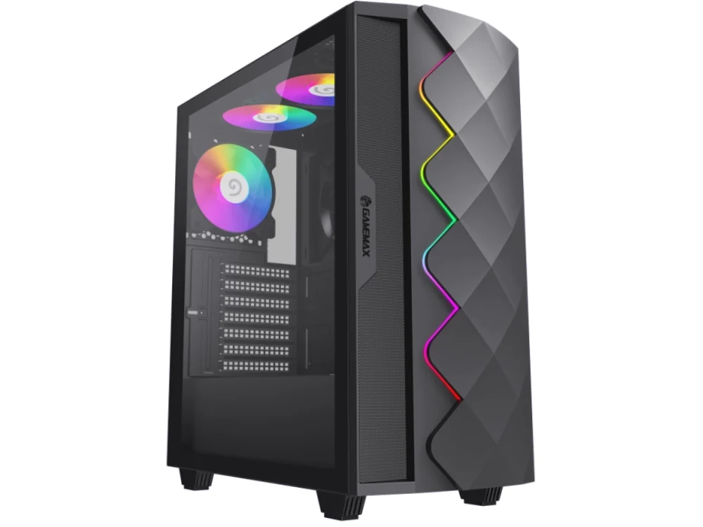 Vista diagonal del Case Gaming Gamemax Diamond CP negro mostrando el panel frontal geométrico con iluminación ARGB.
