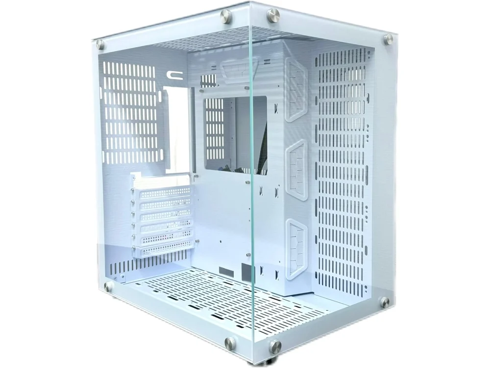 1 Vista diagonal del Case Panorámico Gamemax CA-020 White color blanco con paneles continuos de vidrio templado a 270 grados.