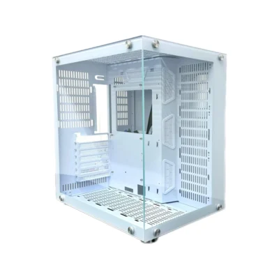 Vista diagonal del Case Panorámico Gamemax CA-020 White color blanco con paneles continuos de vidrio templado a 270 grados.