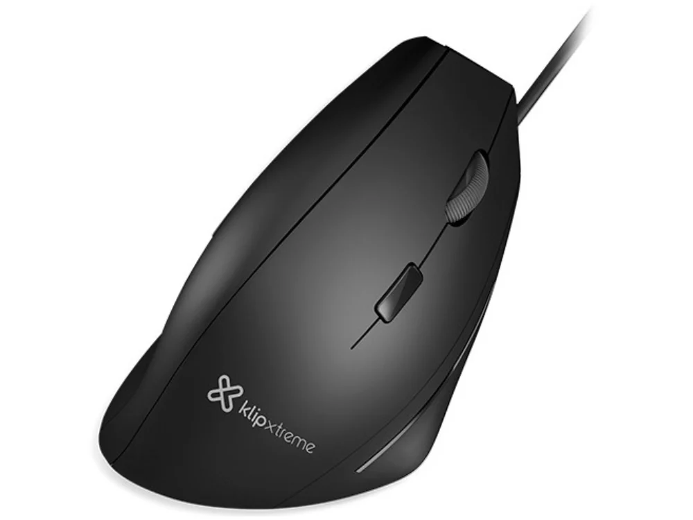 Mouse ergonómico KlipXtreme Krest KMO-505 color negro vista frontal con cable USB sobre fondo blanco