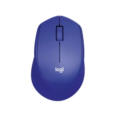 Mouse inalámbrico Logitech M280 color azul vista frontal sobre fondo blanco