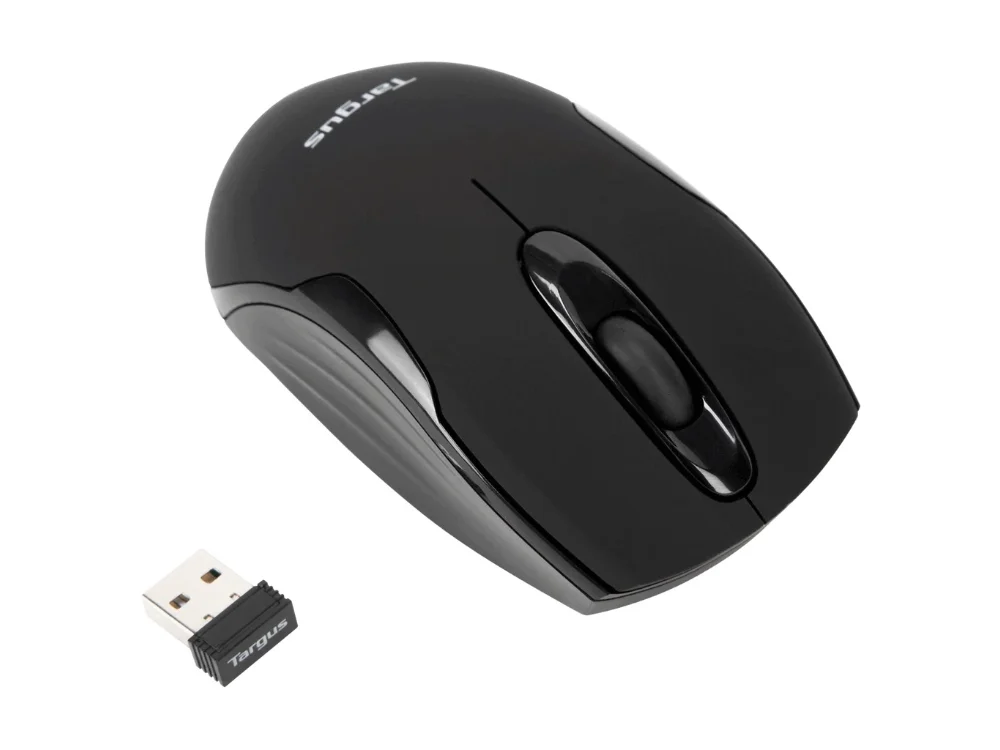 Mouse inalámbrico Targus W575 color negro vista frontal con receptor USB sobre fondo blanco