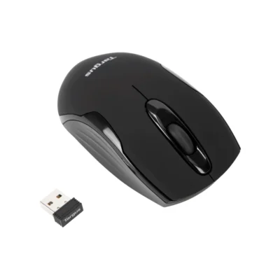 Mouse inalámbrico Targus W575 color negro vista frontal con receptor USB sobre fondo blanco