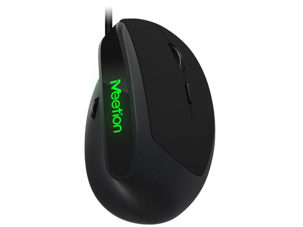 Mouse vertical Meetion M390 color negro vista frontal con cable USB sobre fondo blanco