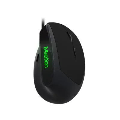 1 Mouse vertical Meetion M390 color negro vista frontal con cable USB sobre fondo blanco