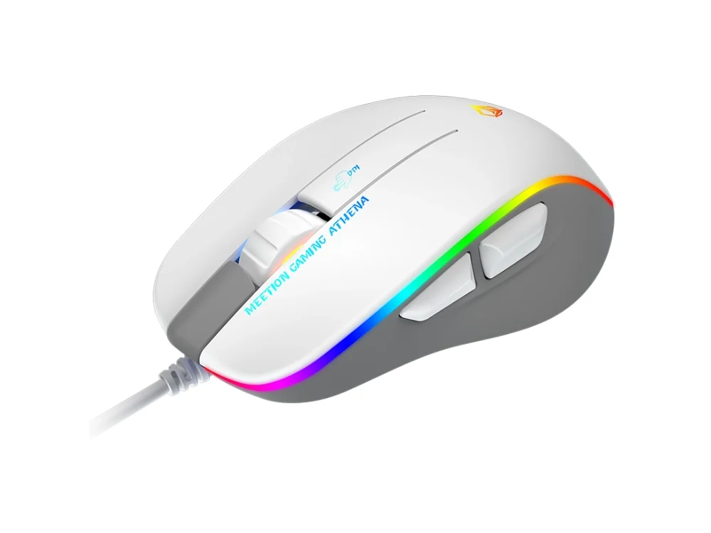 Mouse gaming Meetion GM230 color blanco vista frontal con iluminación RGB sobre fondo blanco