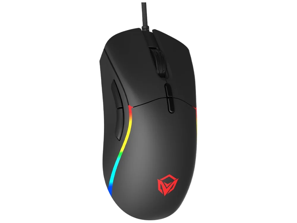 Mouse gaming Meetion GM19 edición 2023 color negro vista frontal con iluminación RGB sobre fondo blanco