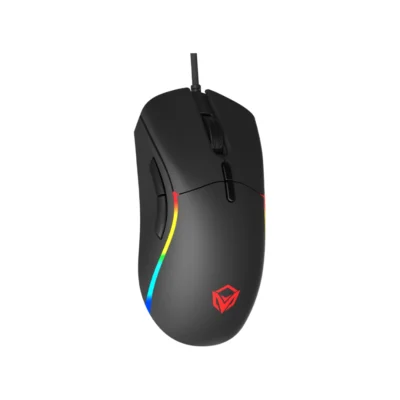 Mouse gaming Meetion GM19 edición 2023 color negro vista frontal con iluminación RGB sobre fondo blanco