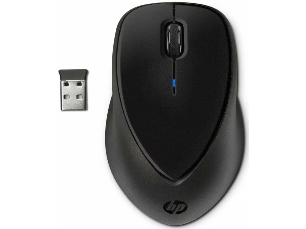 1 Mouse inalámbrico HP Comfort Grip H2L63AA color negro vista frontal con micro receptor USB sobre fondo blanco