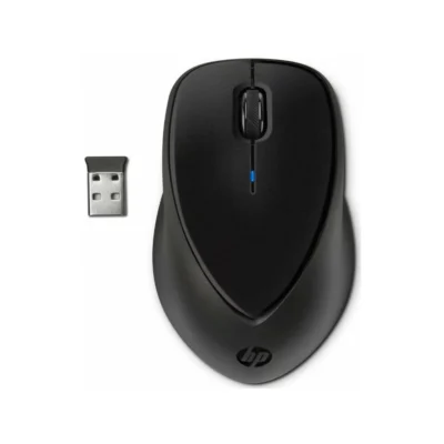 Mouse inalámbrico HP Comfort Grip H2L63AA color negro vista frontal con micro receptor USB sobre fondo blanco