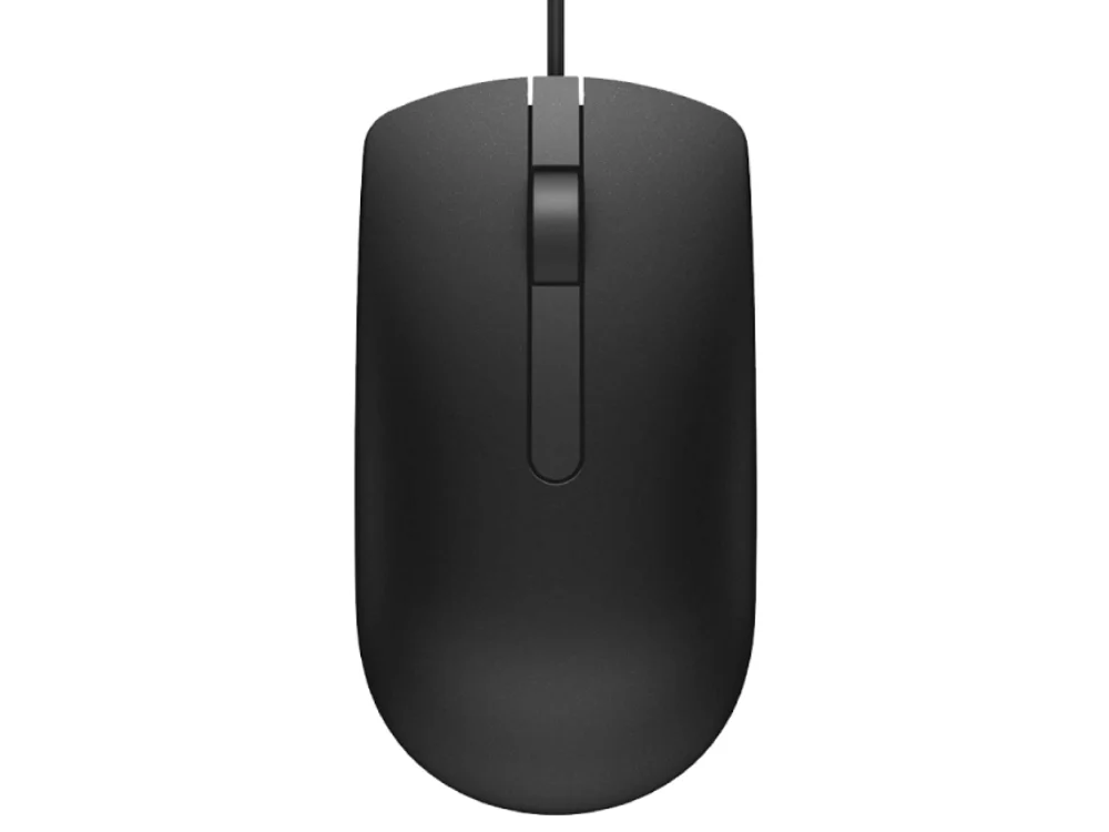 1 Mouse óptico Dell MS116 color negro vista superior con cable USB sobre fondo blanco