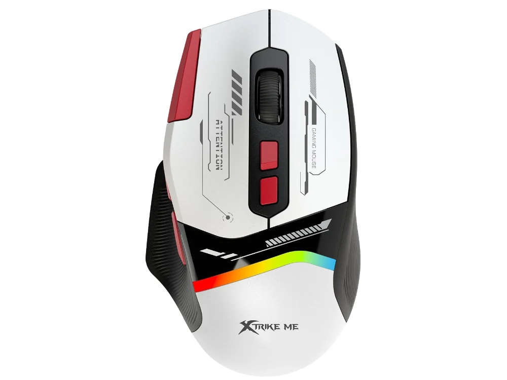 Mouse gaming Xtrike Me GM-323 color blanco vista frontal con iluminación RGB sobre fondo blanco