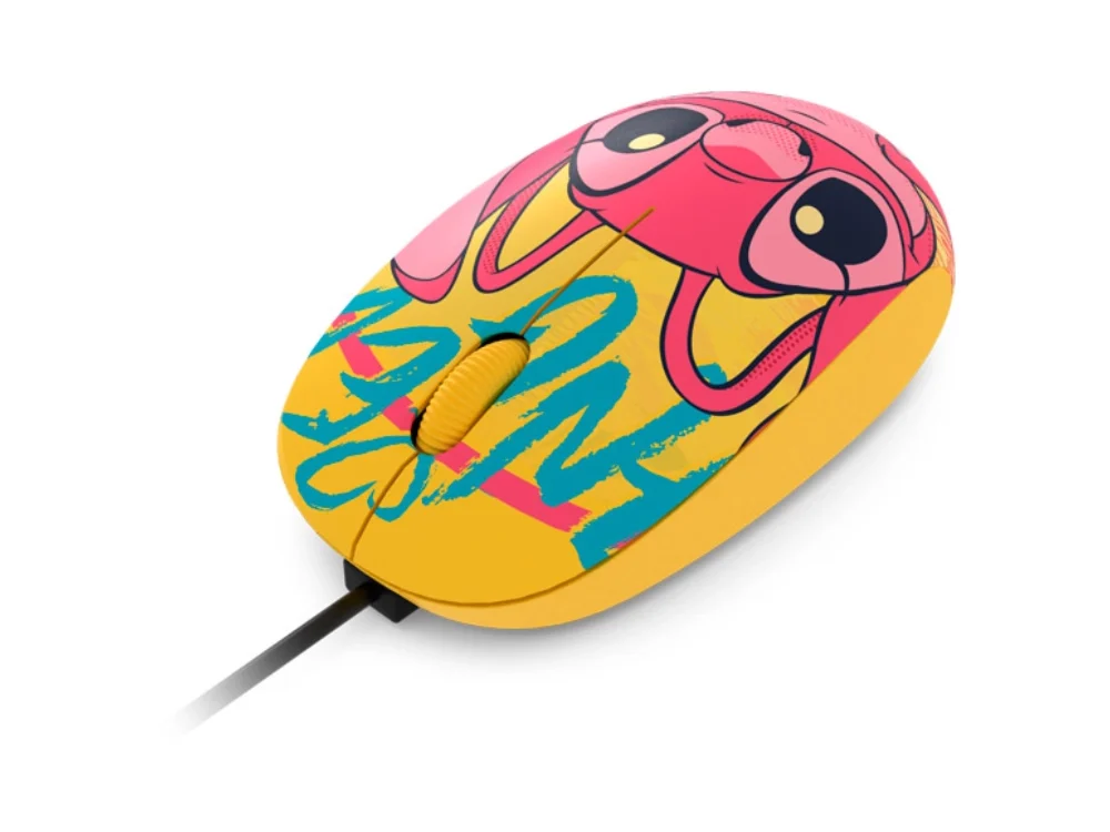Mouse óptico Xtech XTM-D406ST-YL edición Disney Stitch con diseño de Angel vista superior sobre fondo blanco