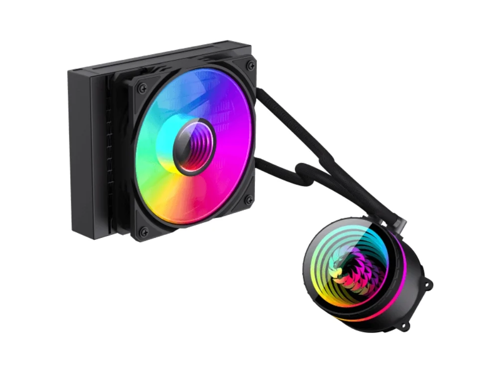 Vista en ángulo del sistema de enfriamiento líquido compacto GameMax Iceburg 120 Infinity BK con su ventilador y bloque ARGB encendidos sobre fondo blanco.
