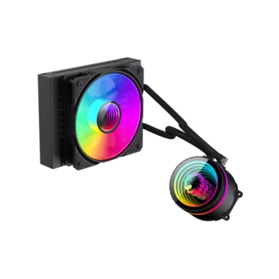 1 Vista en ángulo del sistema de enfriamiento líquido compacto GameMax Iceburg 120 Infinity BK con su ventilador y bloque ARGB encendidos sobre fondo blanco.