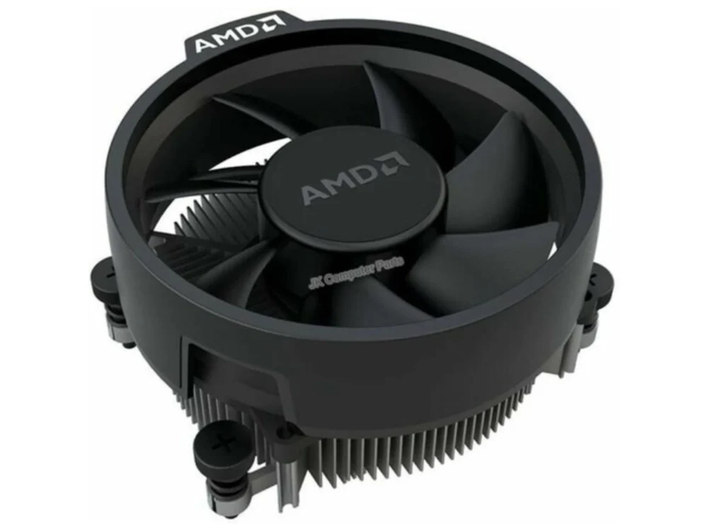 1 Vista superior del disipador de perfil bajo AMD Wraith Stealth de 92mm mostrando sus aspas negras y el logo central de AMD sobre fondo blanco.