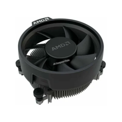 1 Vista superior del disipador de perfil bajo AMD Wraith Stealth de 92mm mostrando sus aspas negras y el logo central de AMD sobre fondo blanco.