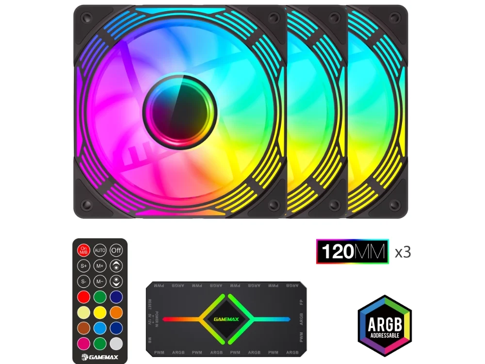 1 Kit de 3 ventiladores para PC GameMax KF300 BK de 120mm con iluminación ARGB de doble anillo, junto a su HUB V4.0 y control remoto sobre fondo blanco.
