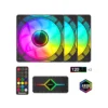 1 Kit de 3 ventiladores para PC GameMax KF300 BK de 120mm con iluminación ARGB de doble anillo, junto a su HUB V4.0 y control remoto sobre fondo blanco.