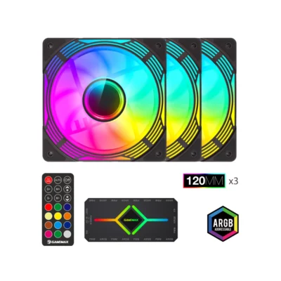 1 Kit de 3 ventiladores para PC GameMax KF300 BK de 120mm con iluminación ARGB de doble anillo, junto a su HUB V4.0 y control remoto sobre fondo blanco.