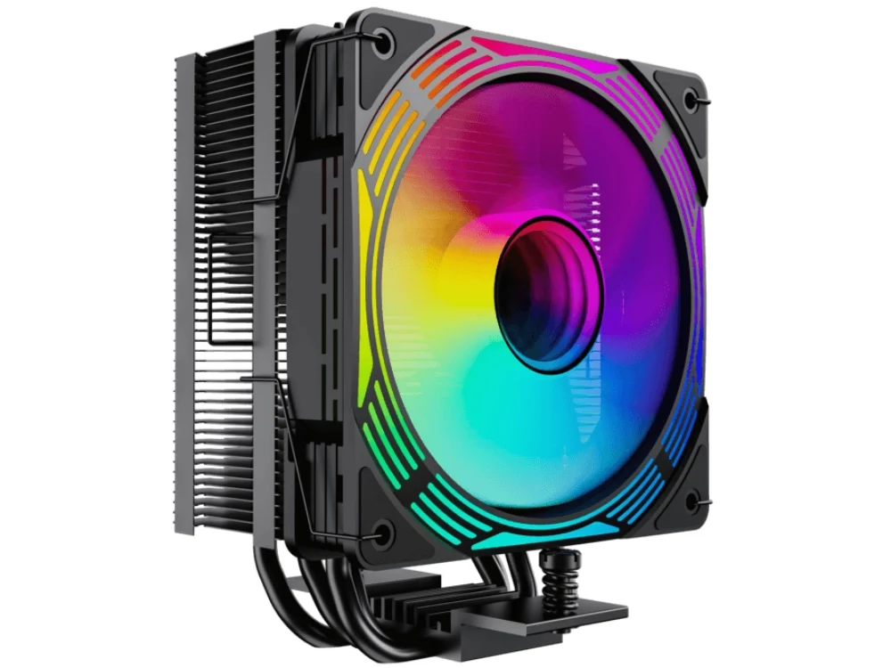 1 Vista en ángulo del disipador de torre para CPU GameMax Ice Force BK mostrando su ventilador de 120mm con iluminación ARGB de espejo infinito sobre fondo blanco.