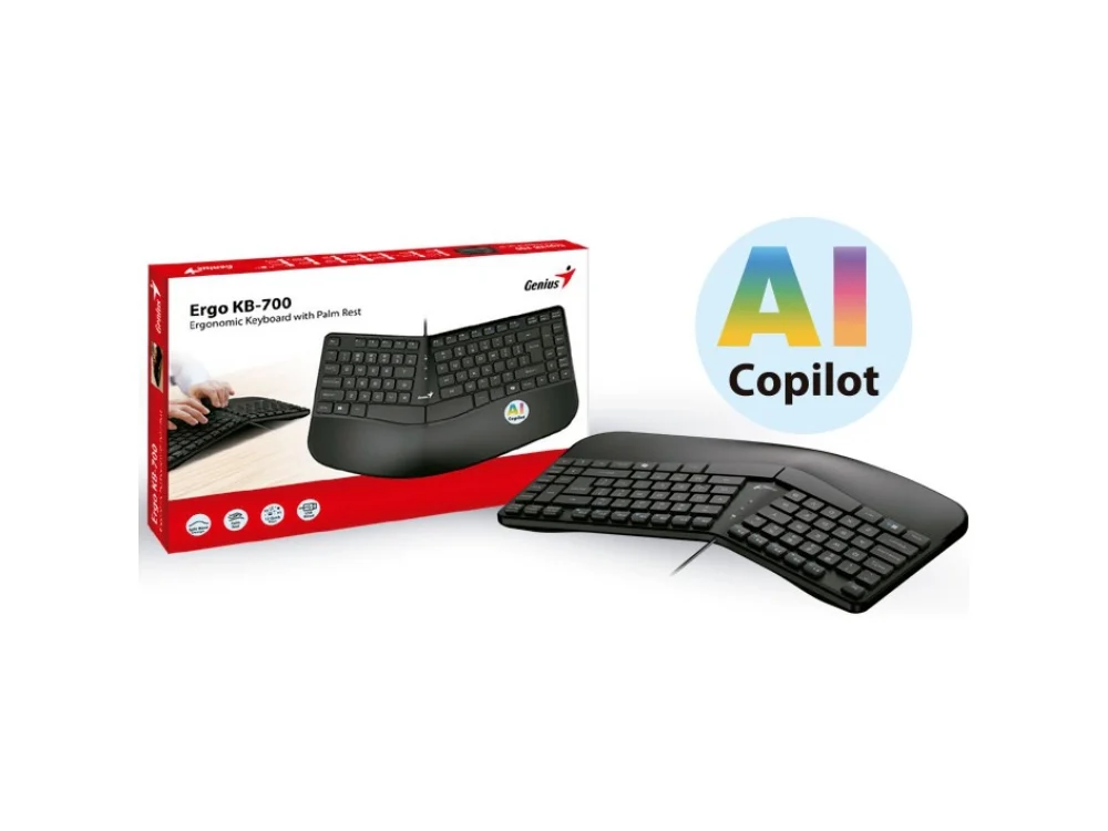 Teclado alámbrico Genius Ergo KB-700 mostrando sus 12 teclas multimedia y el botón de acceso a IA Copilot.