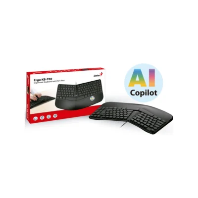 1 Teclado alámbrico Genius Ergo KB-700 mostrando sus 12 teclas multimedia y el botón de acceso a IA Copilot.