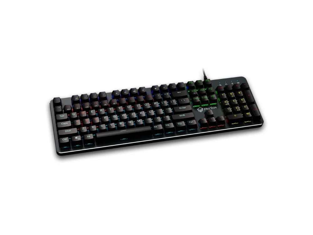 1 Vista frontal del teclado mecánico gamer Meetion MK007 color negro con retroiluminación LED encendida sobre fondo blanco.